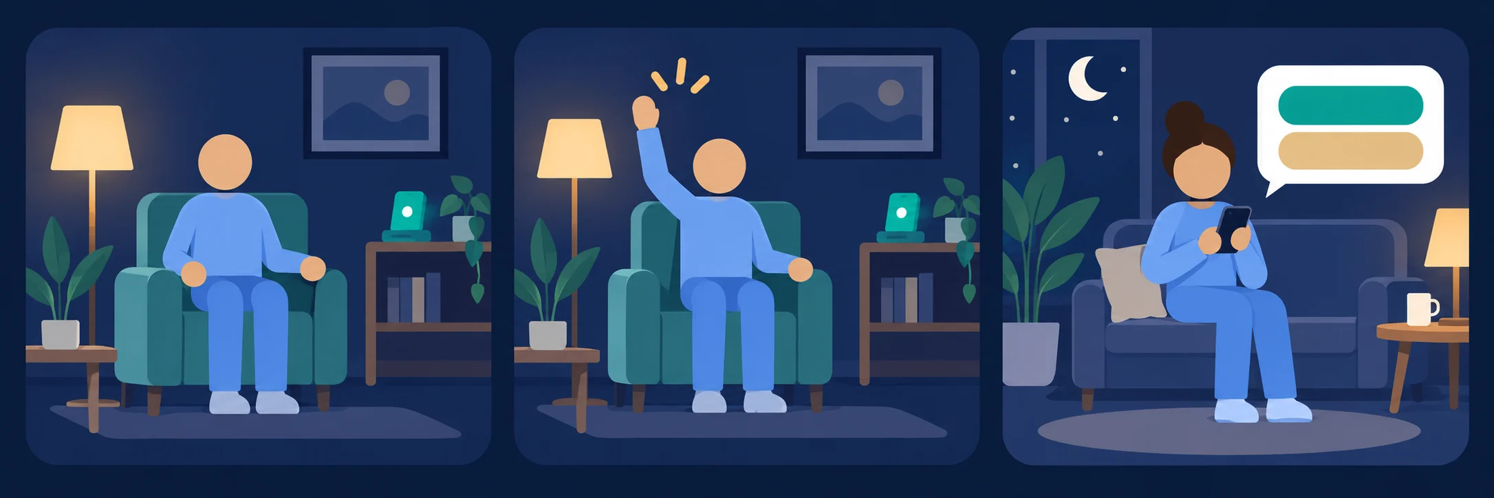Three-panel illustration showing an everyday room, a person signaling for assistance, and family members deciding how to respond