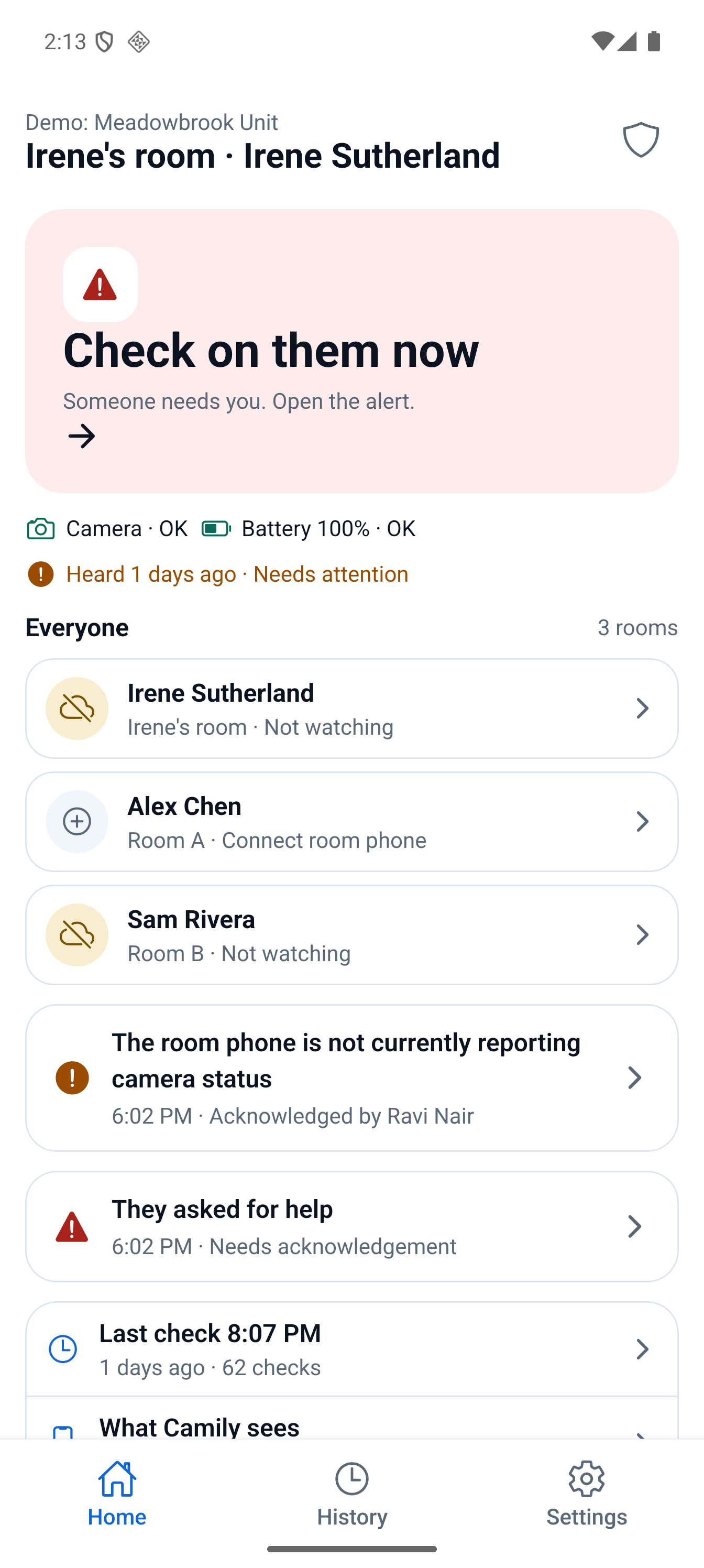 Camily guardian app home screen with household room tiles