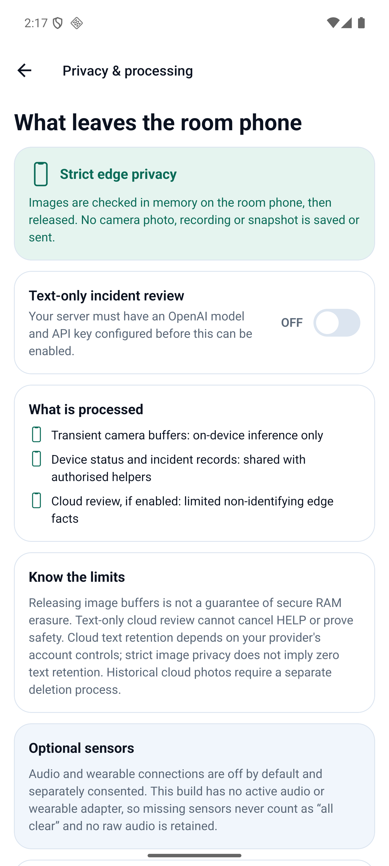 Privacy settings showing strict mode with no routine uploads