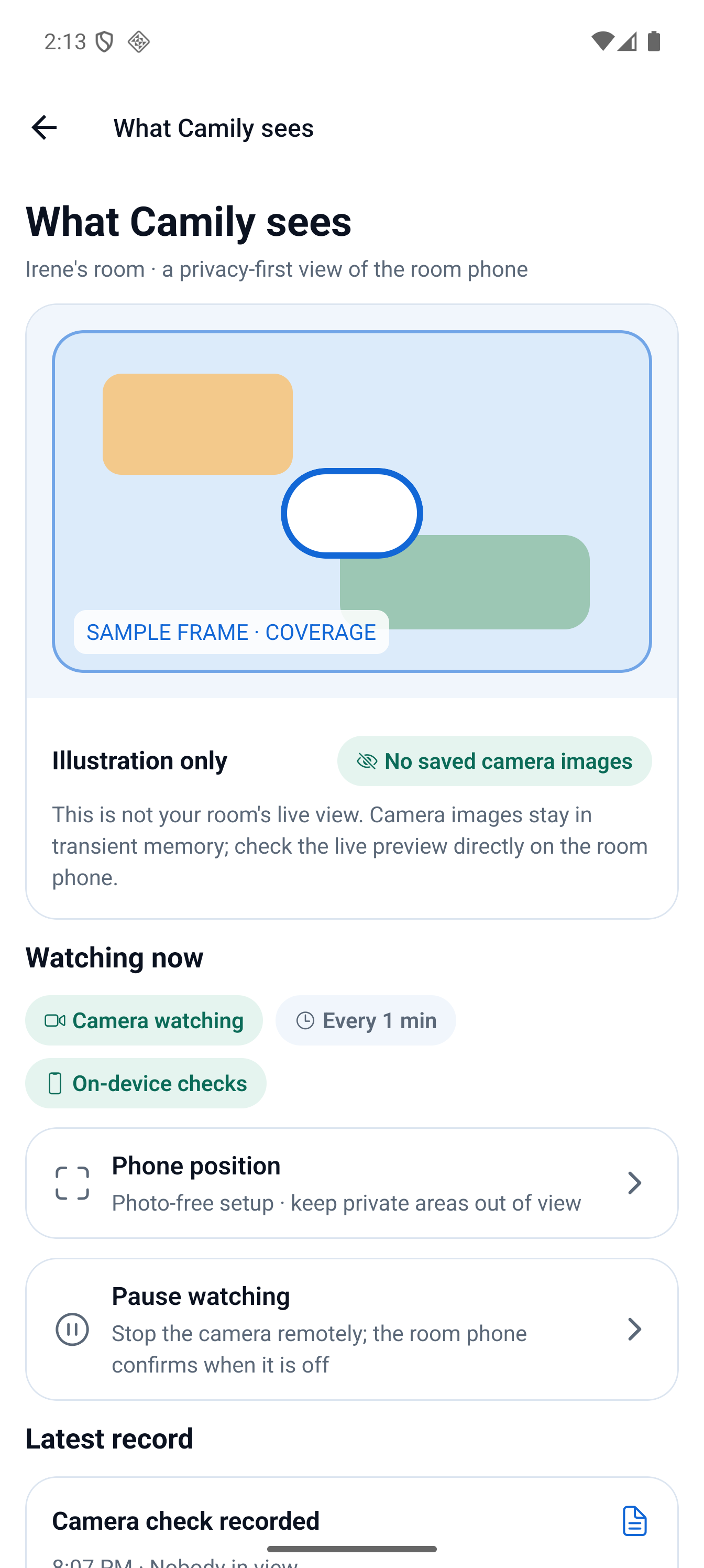 Room view showing the camera feed with no saved images